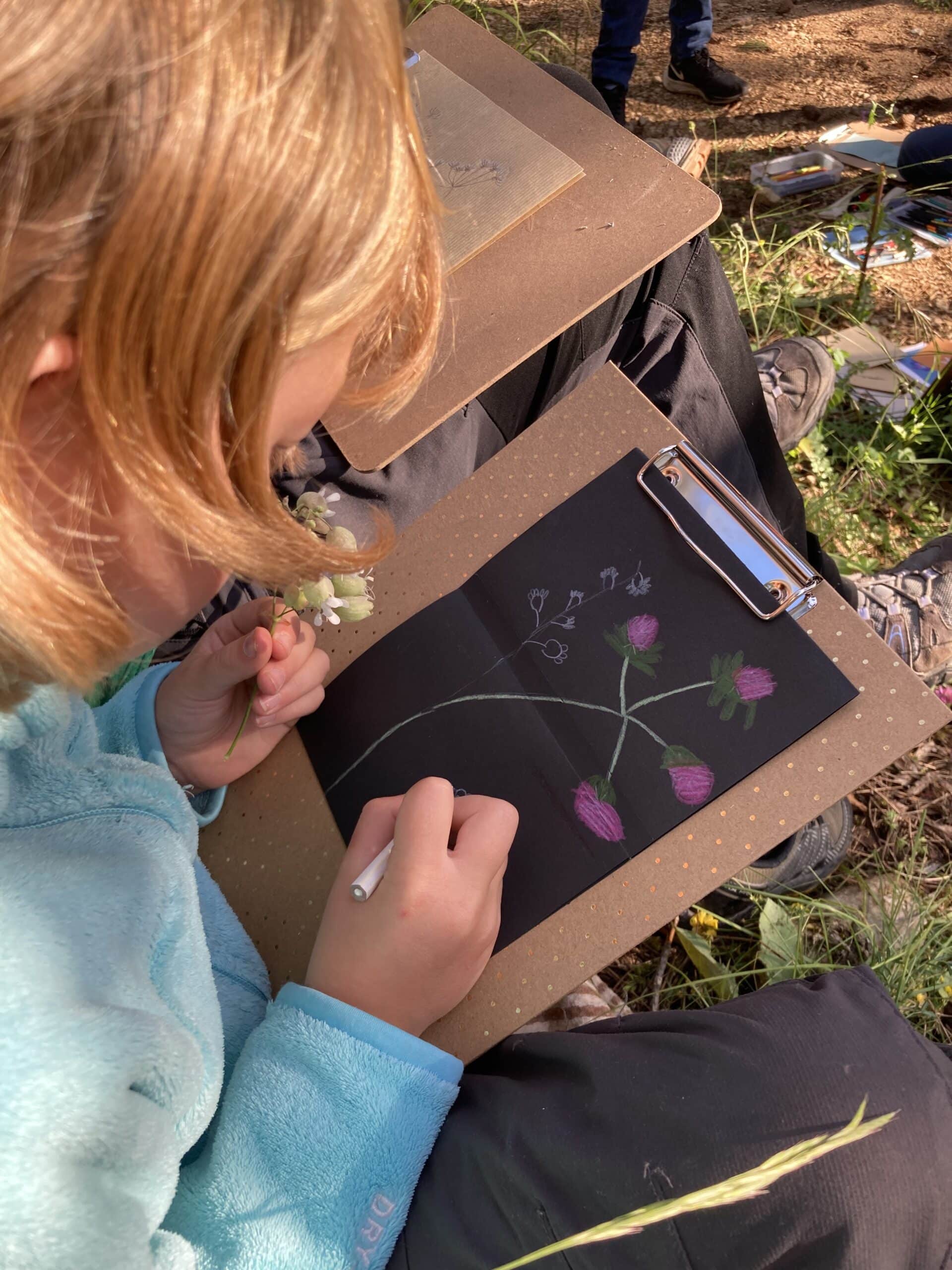 Un enfant qui réalise un dessin botanique d'une fleur
